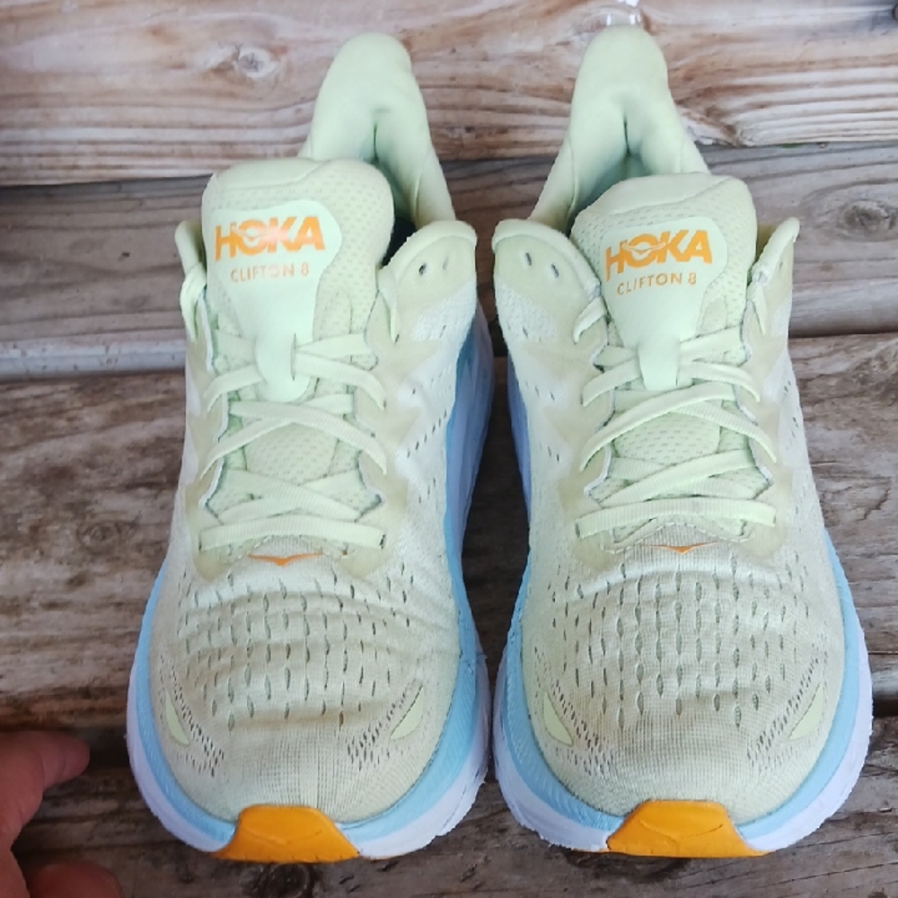 Hoka Clifton 8  Yellow and Blue Athletic Shoes with Signature Cushioning - Picture 9 of 15